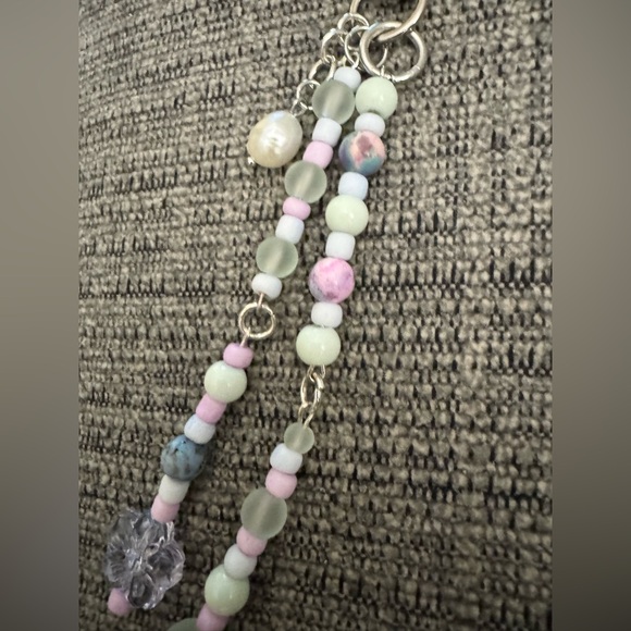 Pastel Pearl Mint, Pink and Periwinkle Beaded Bag Charm Keychain with Real Pearl - Picture 3 of 5